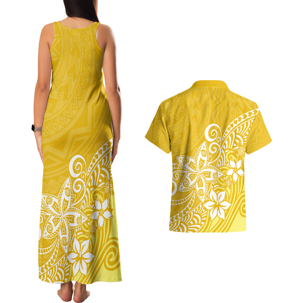 Polynesia Couples Matching Tank Maxi Dress And Hawaiian Shirt Plumeria Yellow Curves LT7 - Wonder Print Shop