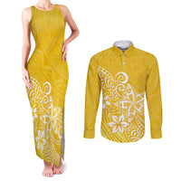 Polynesia Couples Matching Tank Maxi Dress and Long Sleeve Button Shirts Plumeria Yellow Curves LT7 - Wonder Print Shop