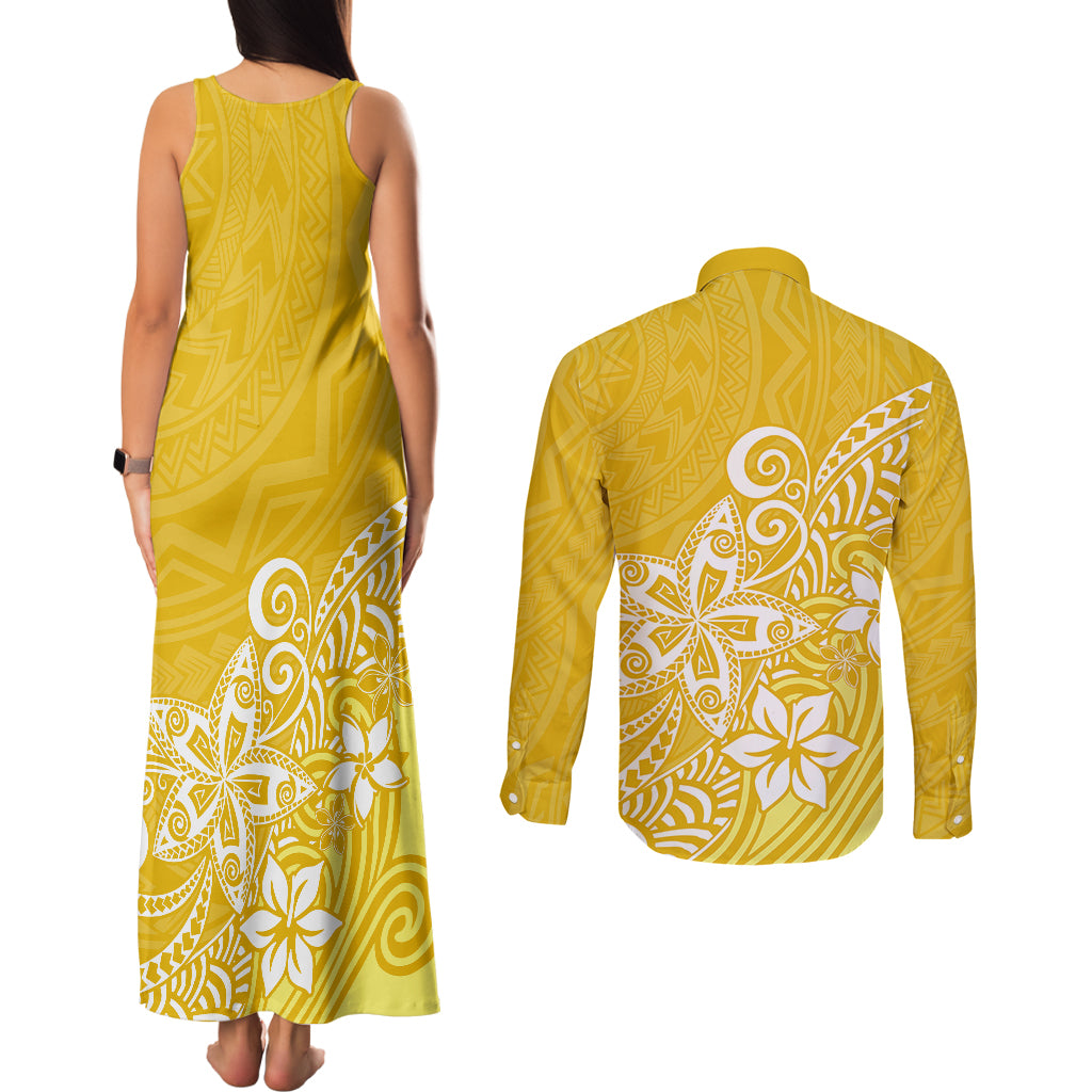 Polynesia Couples Matching Tank Maxi Dress and Long Sleeve Button Shirts Plumeria Yellow Curves LT7 - Wonder Print Shop