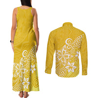 Polynesia Couples Matching Tank Maxi Dress and Long Sleeve Button Shirts Plumeria Yellow Curves LT7 - Wonder Print Shop