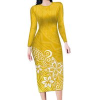 Polynesia Long Sleeve Bodycon Dress Plumeria Yellow Curves - Wonder Print Shop