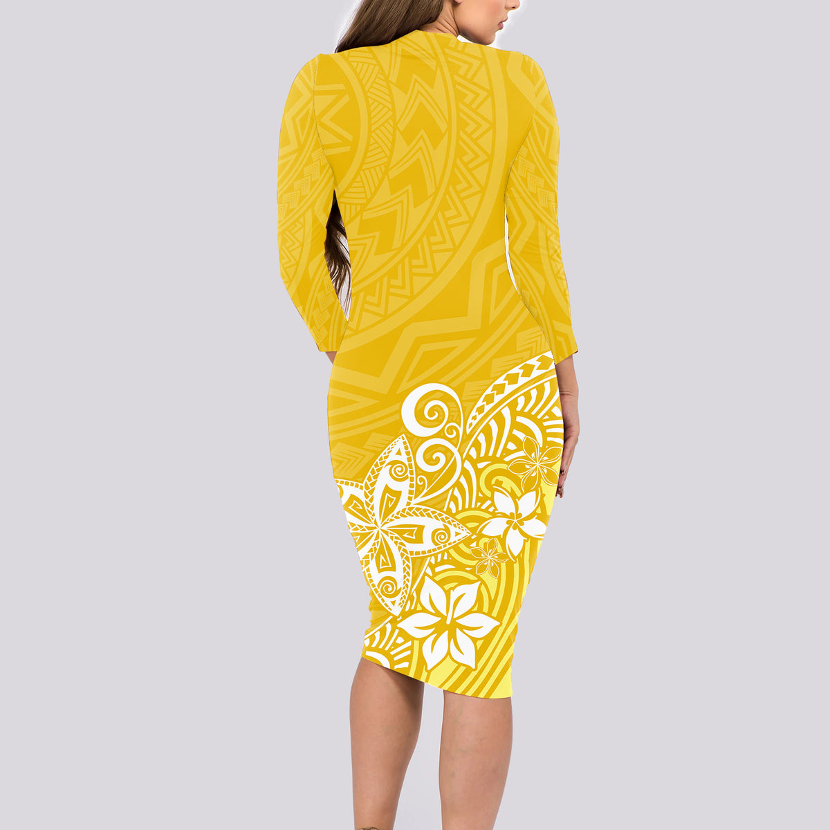 Polynesia Long Sleeve Bodycon Dress Plumeria Yellow Curves - Wonder Print Shop