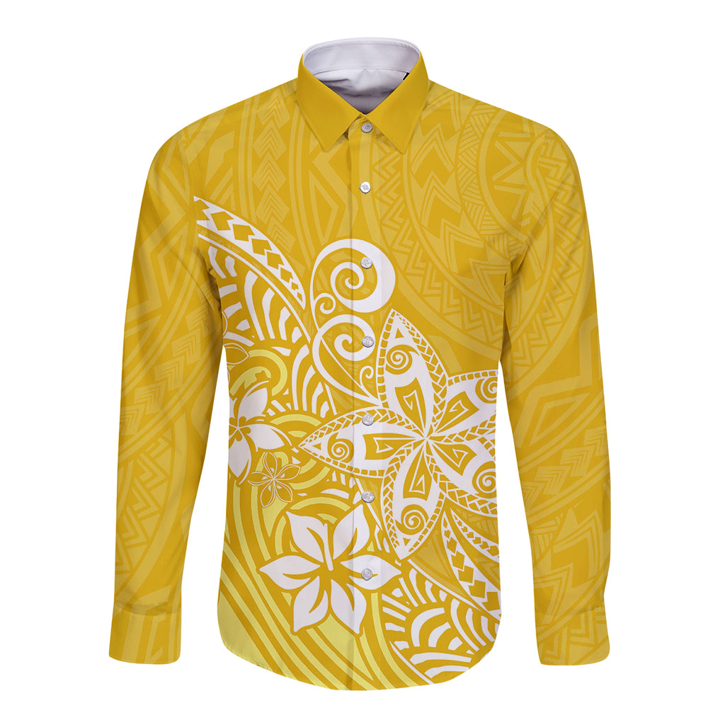 Polynesia Long Sleeve Button Shirt Plumeria Yellow Curves - Wonder Print Shop