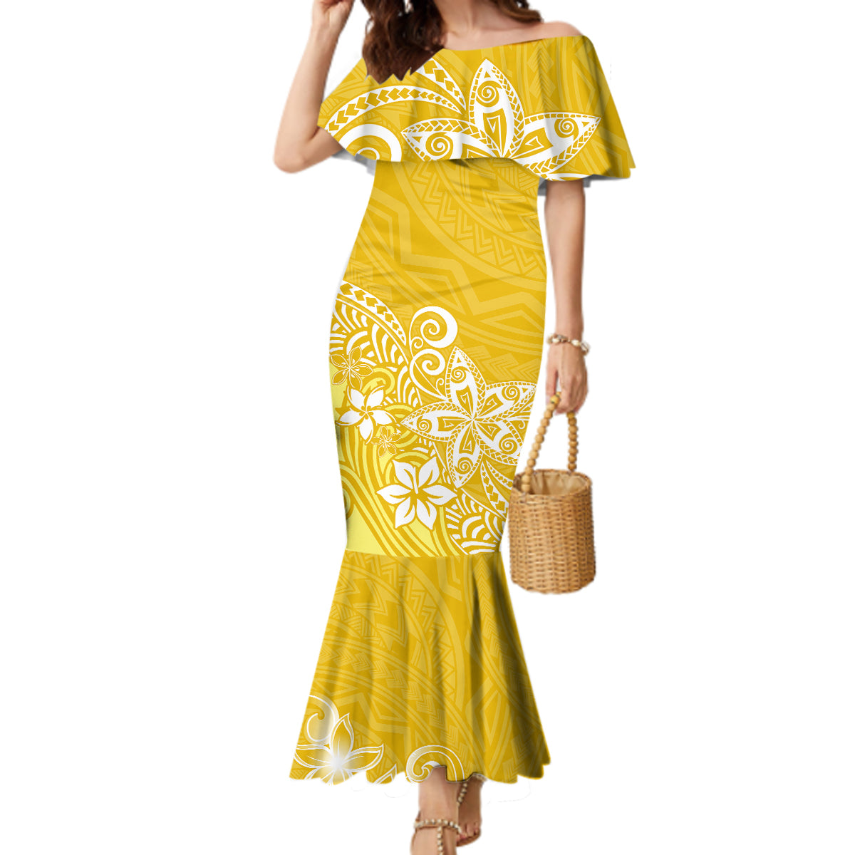 Polynesia Mermaid Dress Plumeria Yellow Curves - Wonder Print Shop