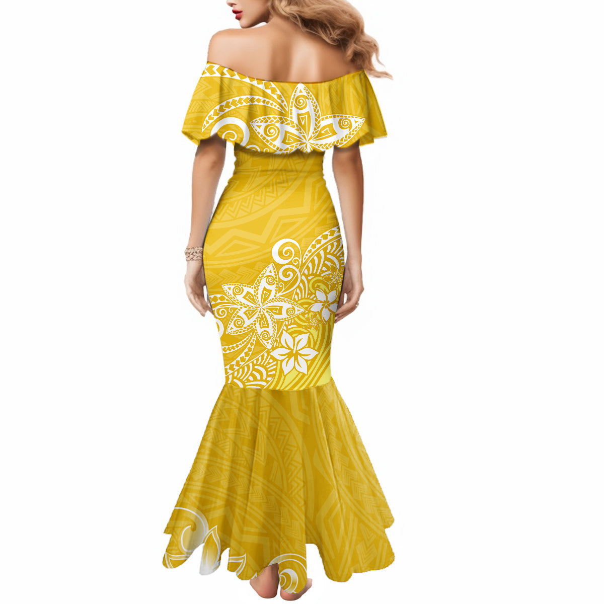 Polynesia Mermaid Dress Plumeria Yellow Curves - Wonder Print Shop