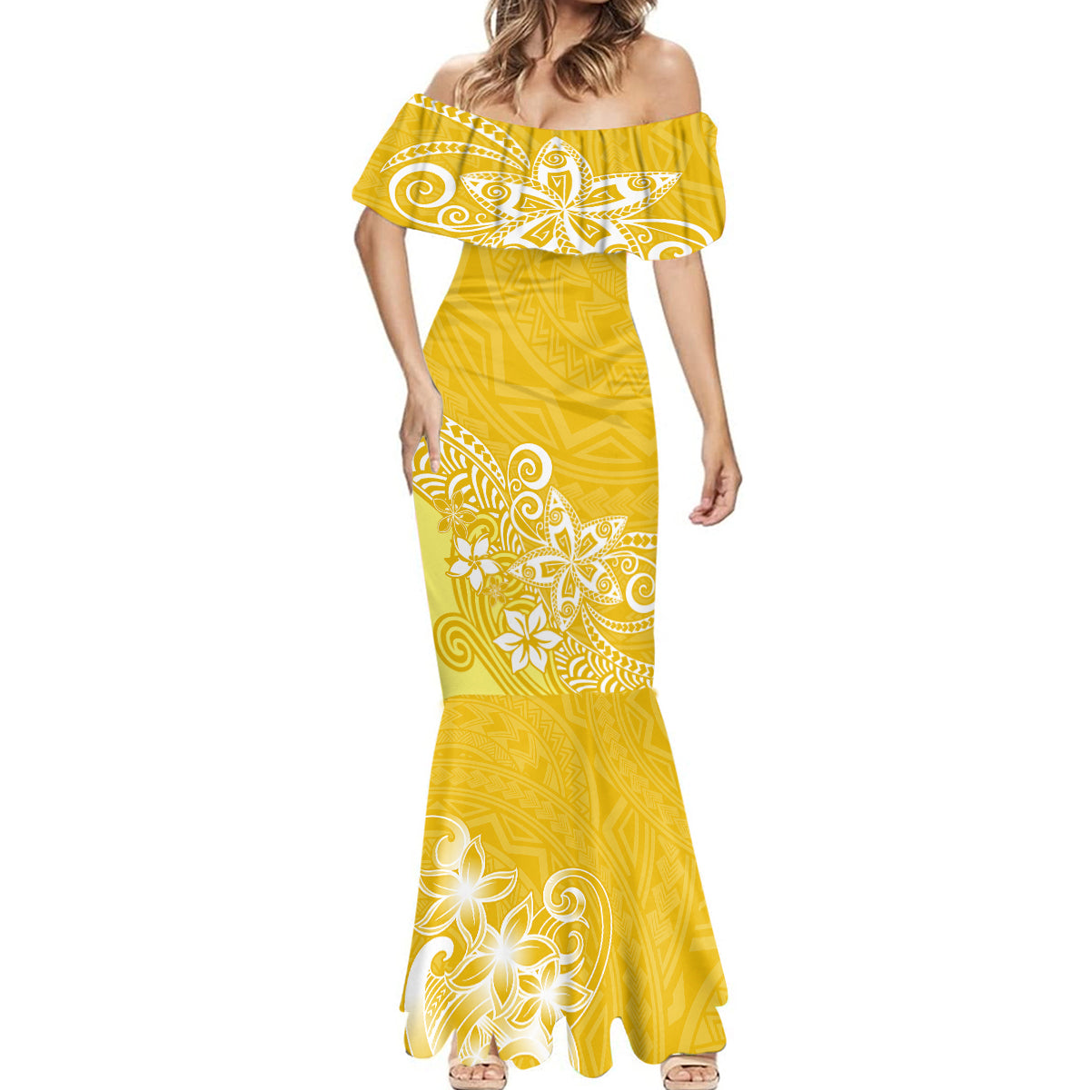 Polynesia Mermaid Dress Plumeria Yellow Curves - Wonder Print Shop