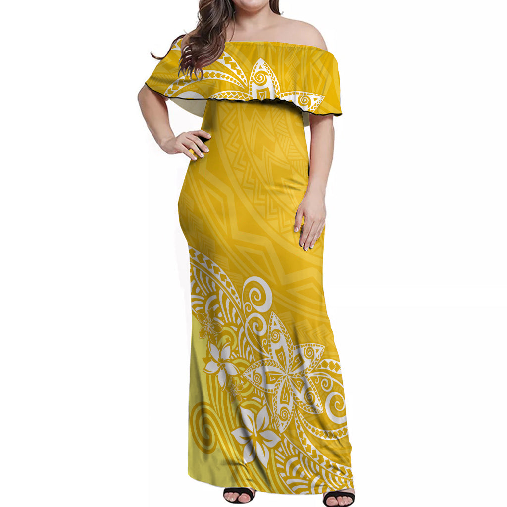 Polynesia Off Shoulder Maxi Dress Plumeria Yellow Curves - Wonder Print Shop