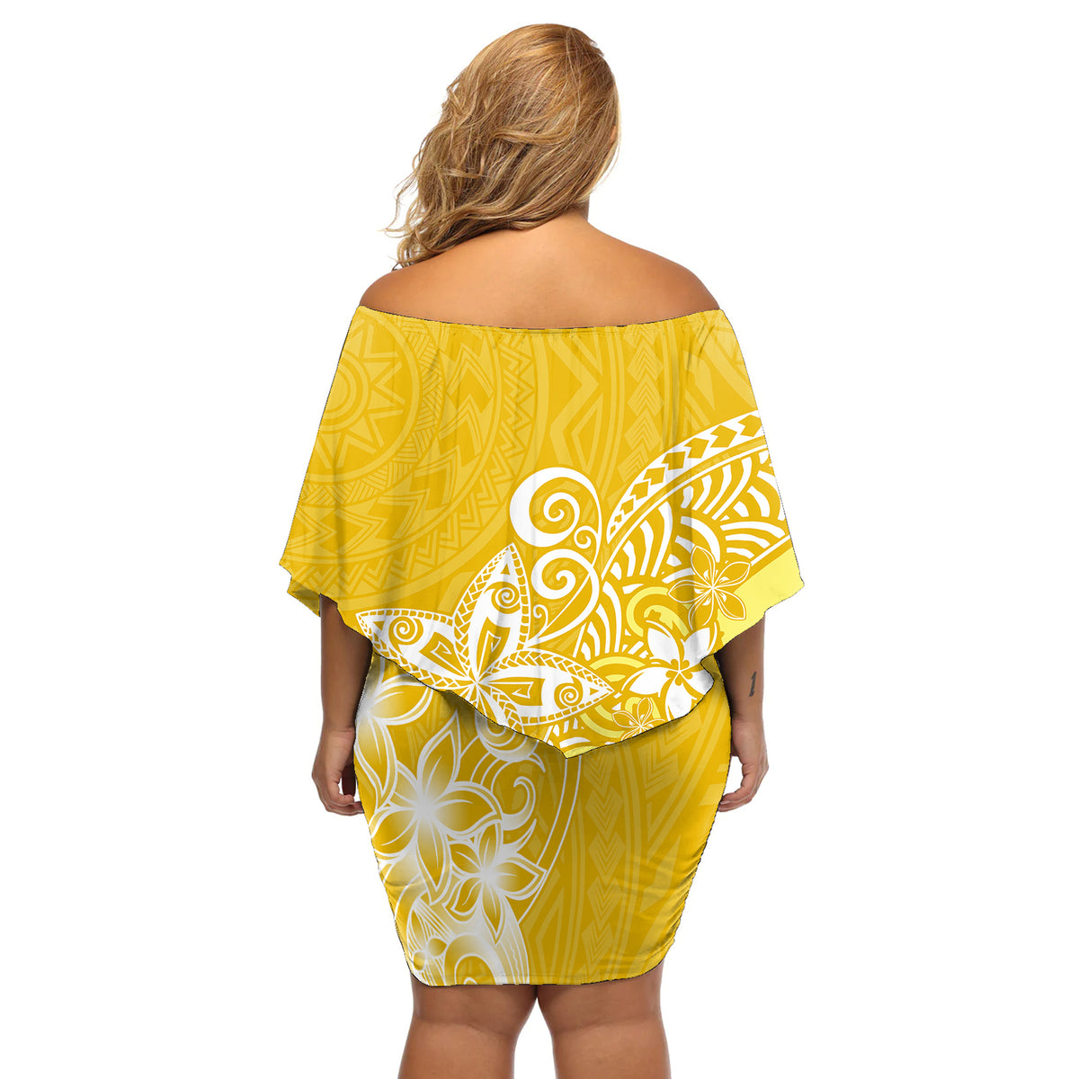 Polynesia Off Shoulder Short Dress Plumeria Yellow Curves - Wonder Print Shop