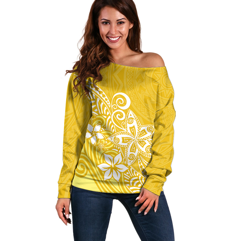Polynesia Off Shoulder Sweater Plumeria Yellow Curves - Wonder Print Shop
