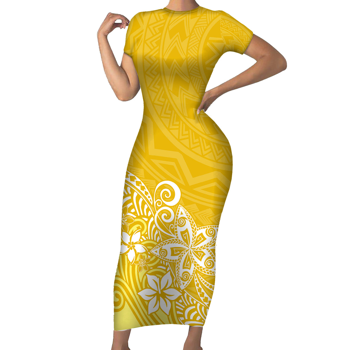 Polynesia Short Sleeve Bodycon Dress Plumeria Yellow Curves - Wonder Print Shop