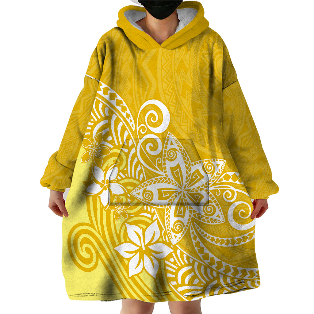 Polynesia Wearable Blanket Hoodie Plumeria Yellow Curves - Wonder Print Shop