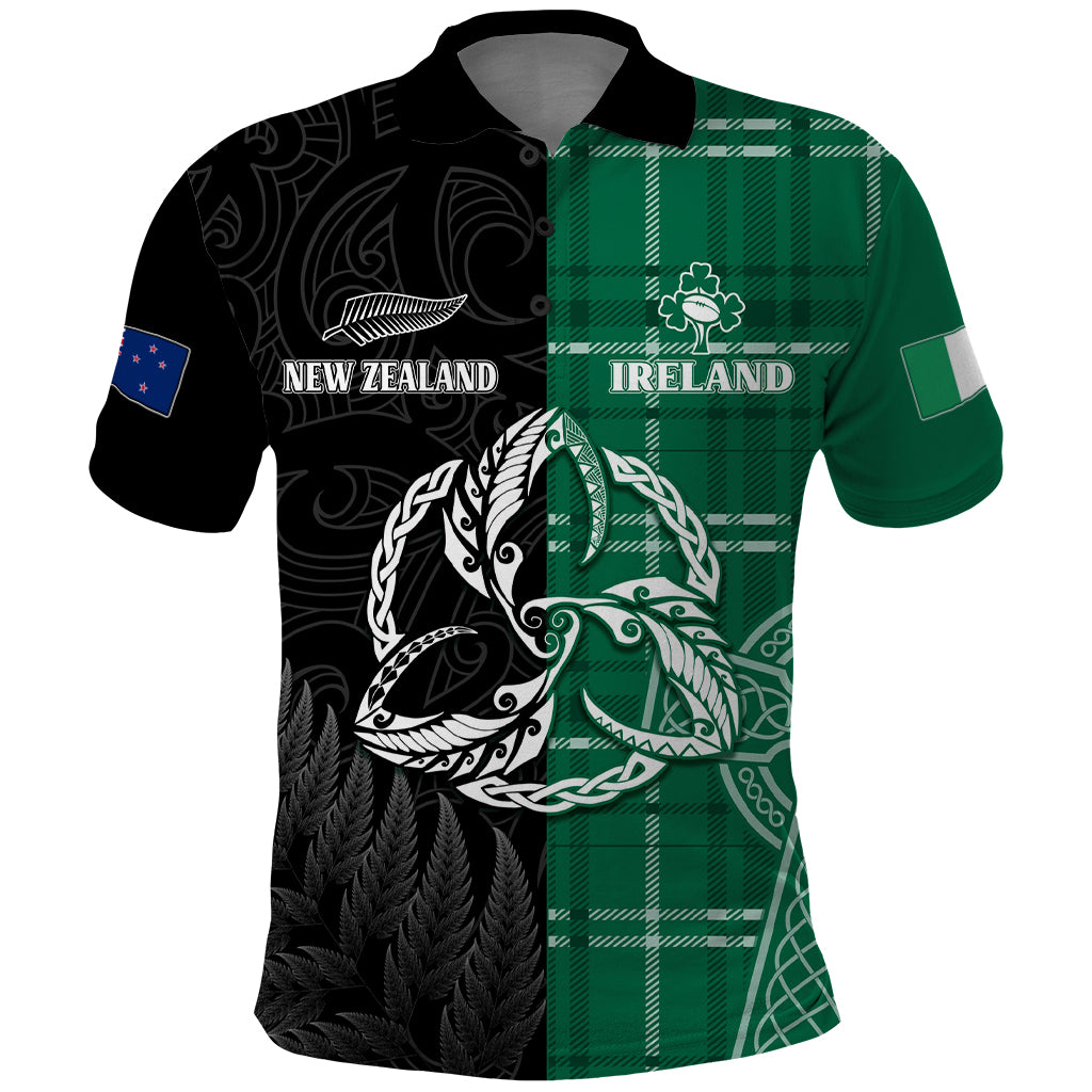 Personalised New Zealand Mix Ireland Rugby Polo Shirt Celtic Knot Mix Silver Ferns LT7