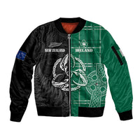 Personalised New Zealand Mix Ireland Rugby Sleeve Zip Bomber Jacket Celtic Knot Mix Silver Ferns - Wonder Print Shop