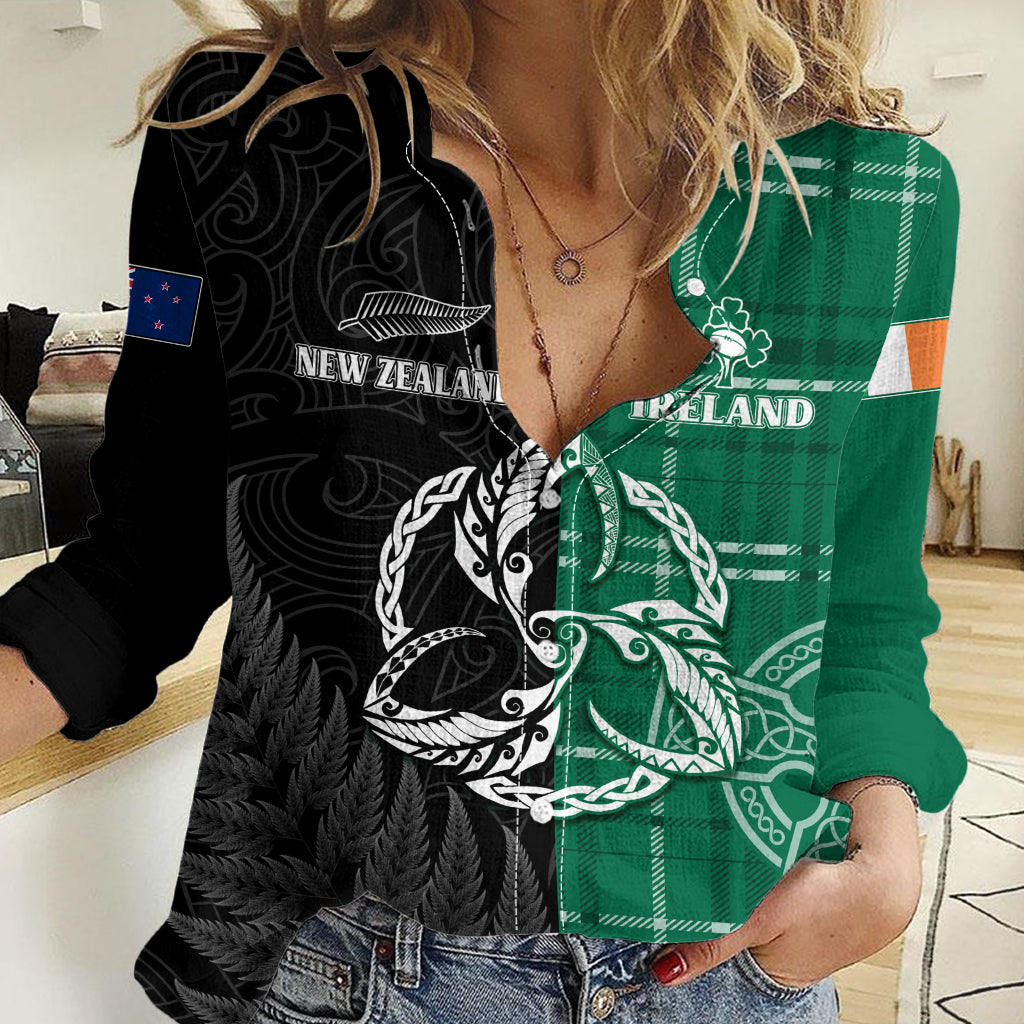 Personalised New Zealand Mix Ireland Rugby Women Casual Shirt Celtic Knot Mix Silver Ferns - Wonder Print Shop
