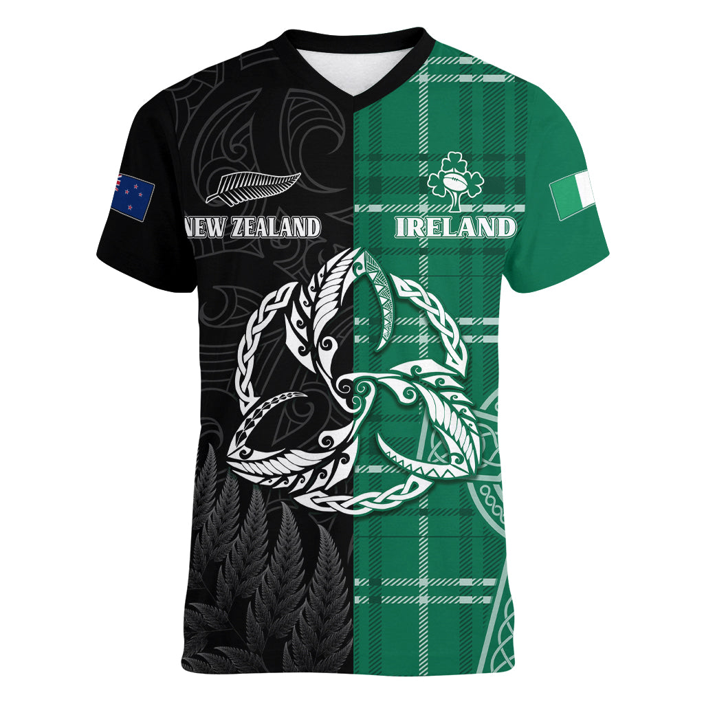 Personalised New Zealand Mix Ireland Rugby Women V Neck T Shirt Celtic Knot Mix Silver Ferns - Wonder Print Shop