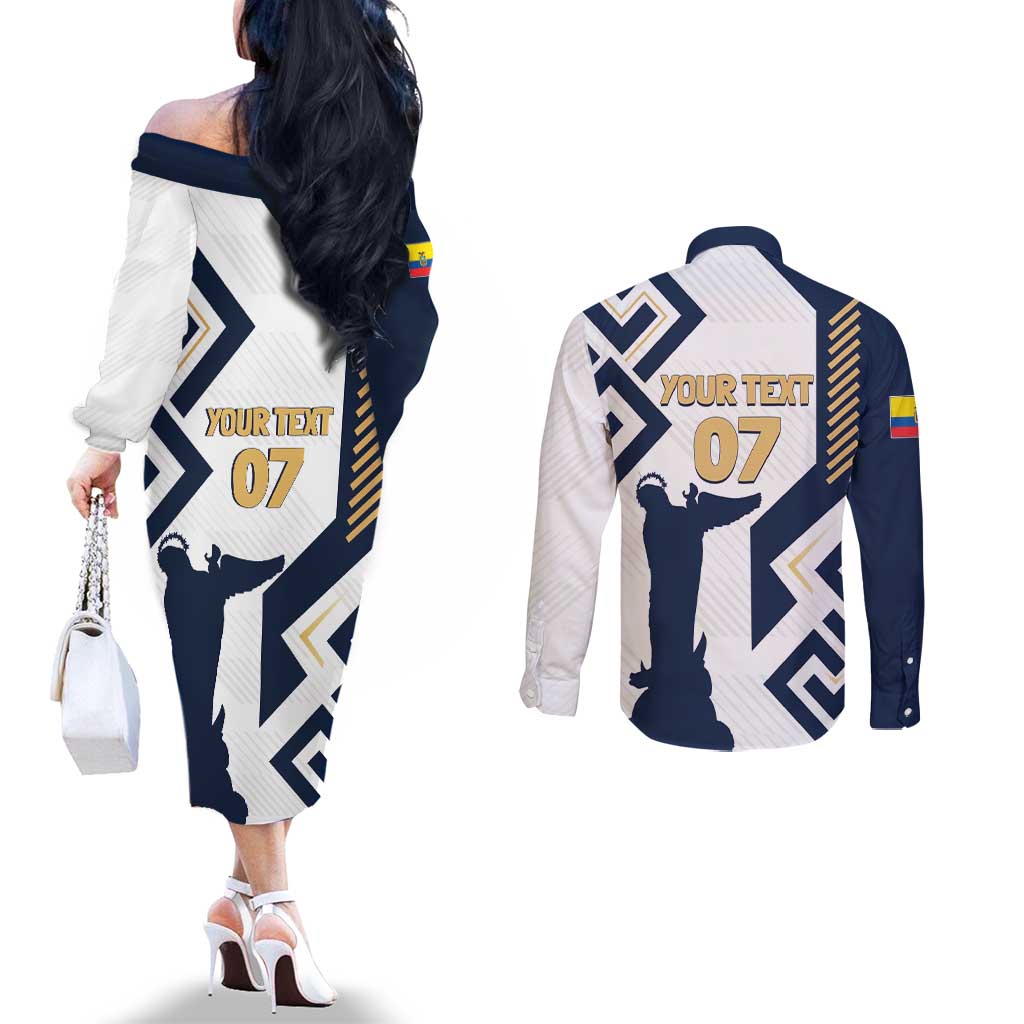 Ecuador Football Custom Couples Matching Off The Shoulder Long Sleeve Dress and Long Sleeve Button Shirt La Tricolors 2024 Virgen de El Panecillo