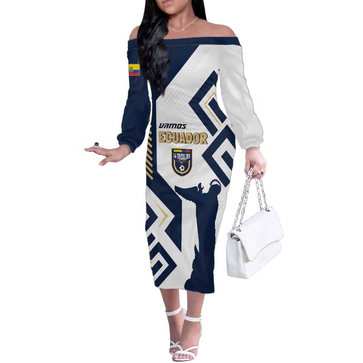 Ecuador Football Custom Family Matching Off The Shoulder Long Sleeve Dress and Hawaiian Shirt La Tricolors 2024 Virgen de El Panecillo - Wonder Print Shop