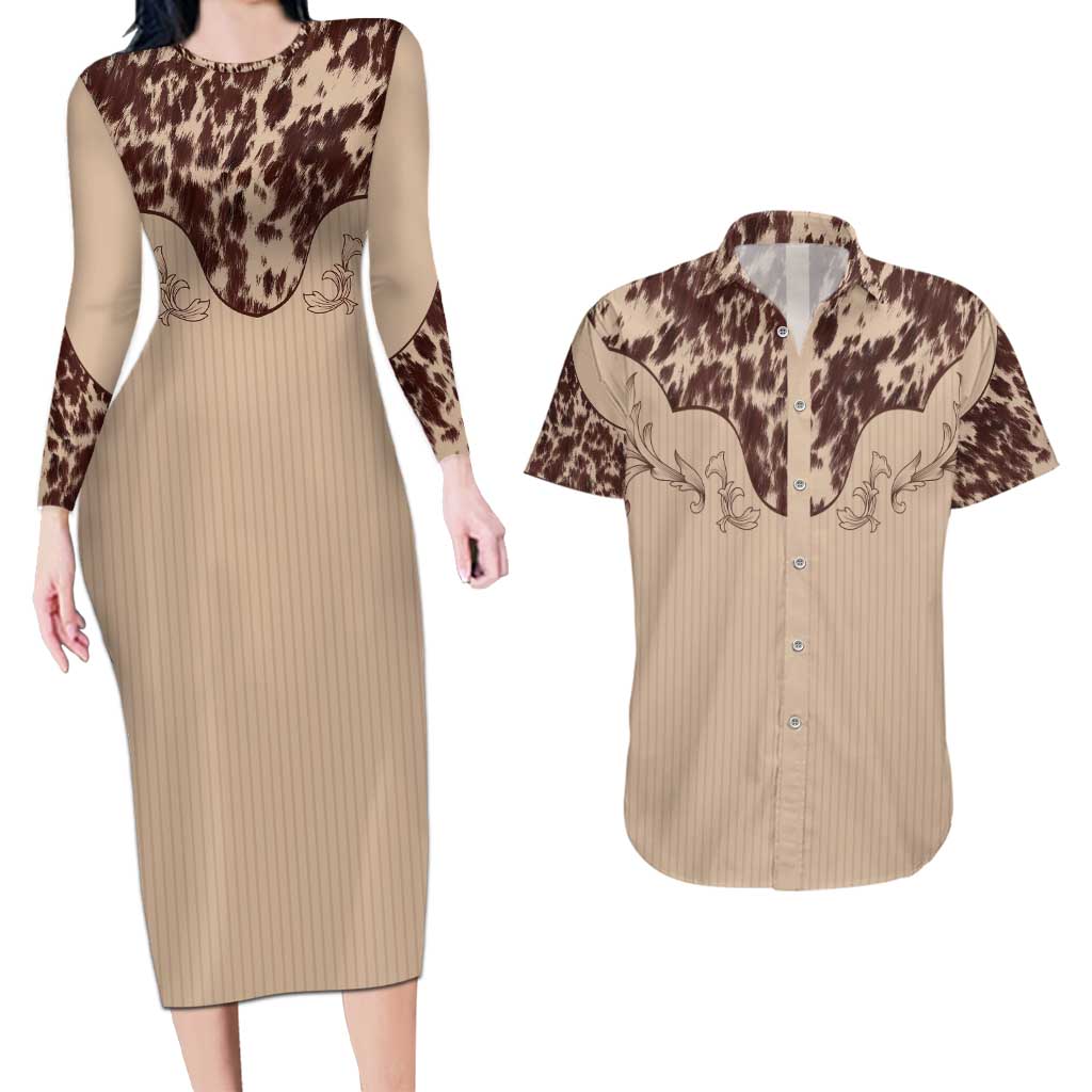 Cowboys Wild West Couples Matching Long Sleeve Bodycon Dress and Hawaiian Shirt Cow Prints - Wonder Print Shop