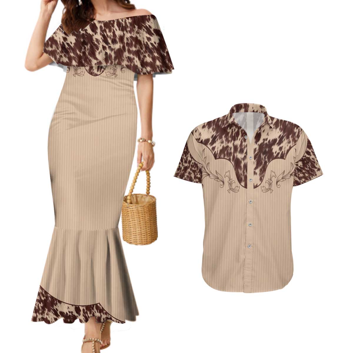 Cowboys Wild West Couples Matching Mermaid Dress and Hawaiian Shirt Cow Prints - Wonder Print Shop