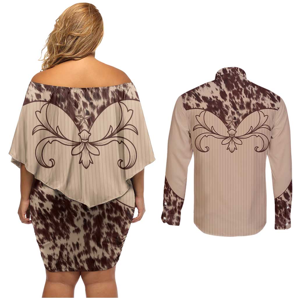 Cowboys Wild West Couples Matching Off Shoulder Short Dress and Long Sleeve Button Shirt Cow Prints - Wonder Print Shop