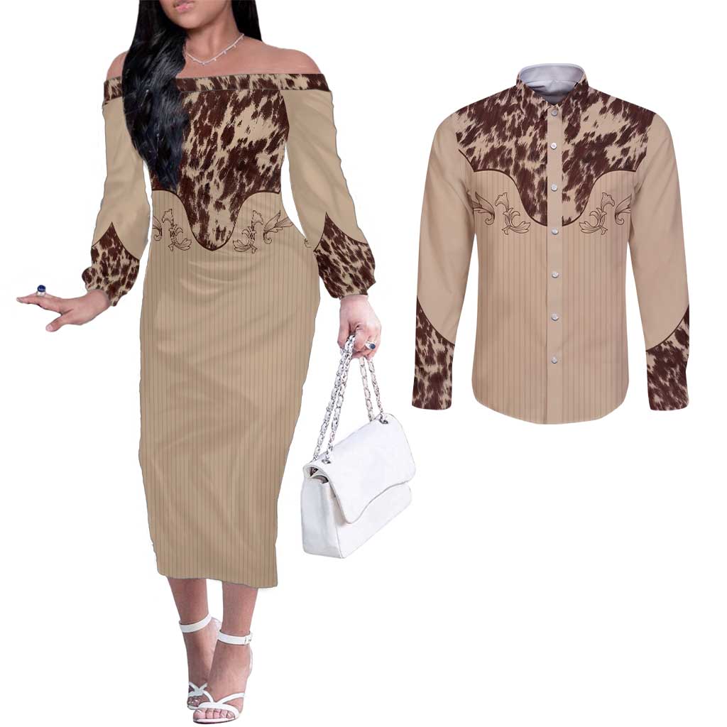 Cowboys Wild West Couples Matching Off The Shoulder Long Sleeve Dress and Long Sleeve Button Shirt Cow Prints - Wonder Print Shop