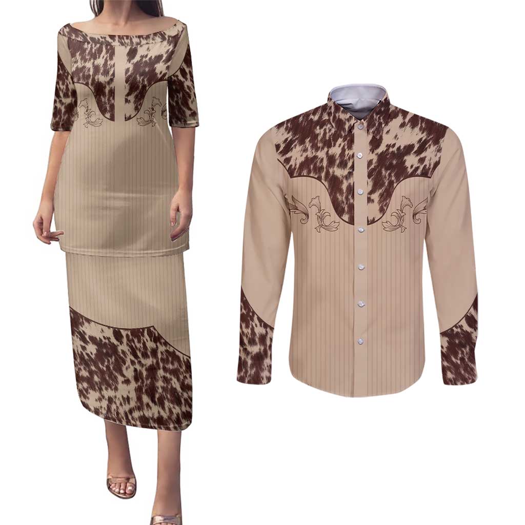 Cowboys Wild West Couples Matching Puletasi and Long Sleeve Button Shirt Cow Prints - Wonder Print Shop