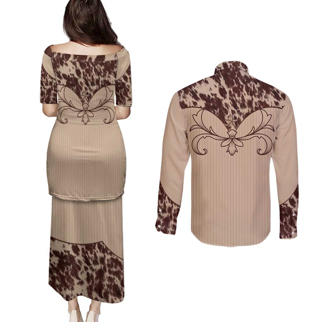 Cowboys Wild West Couples Matching Puletasi and Long Sleeve Button Shirt Cow Prints - Wonder Print Shop