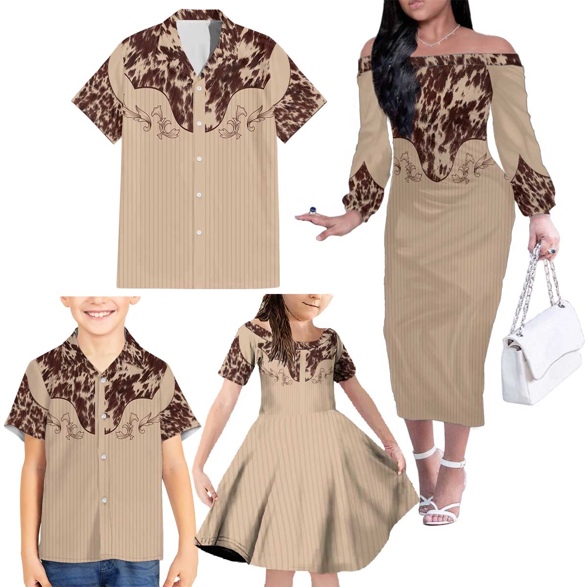 Cowboys Wild West Family Matching Off The Shoulder Long Sleeve Dress and Hawaiian Shirt Cow Prints - Wonder Print Shop