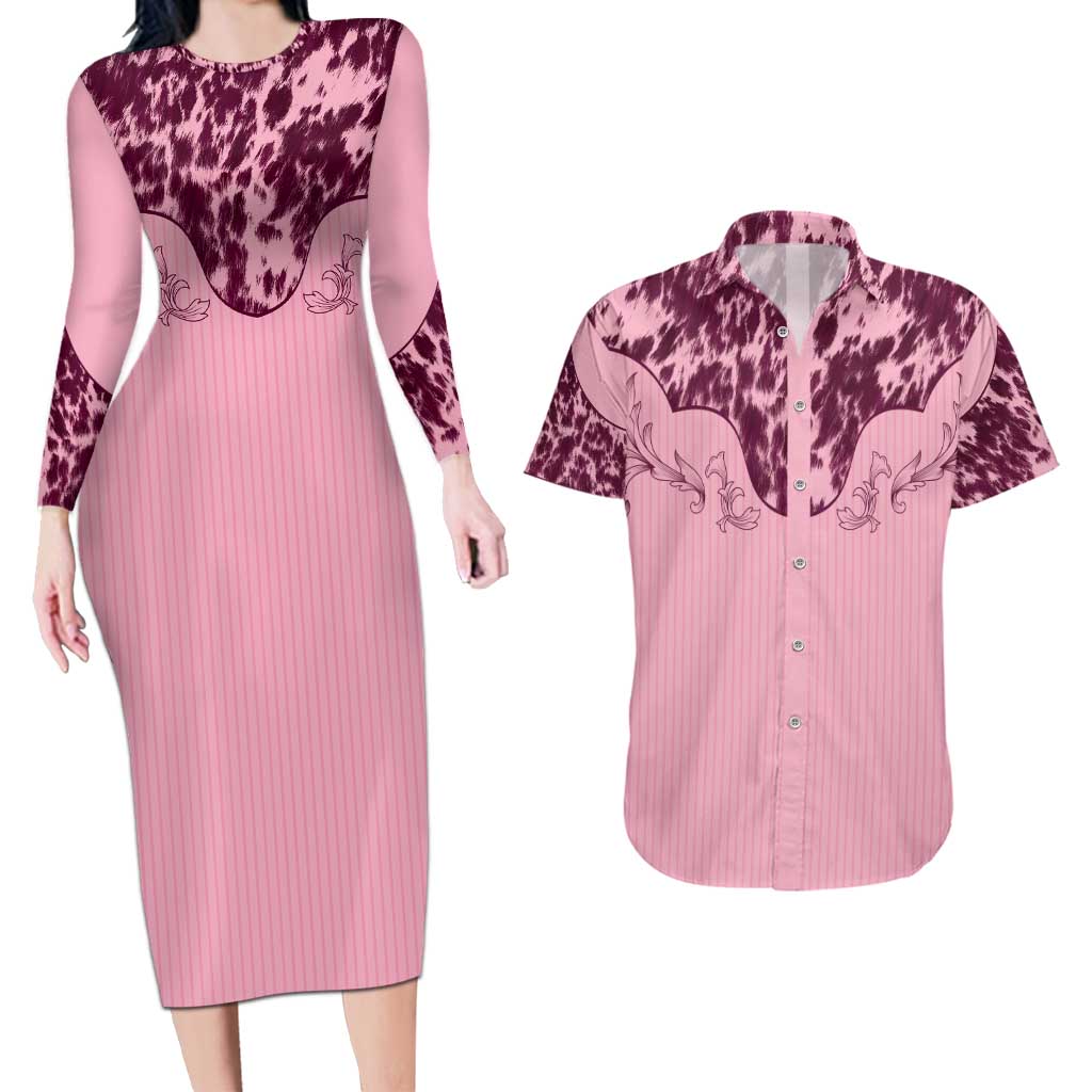 Cowboys Wild West Couples Matching Long Sleeve Bodycon Dress and Hawaiian Shirt Pink Cow Prints - Wonder Print Shop