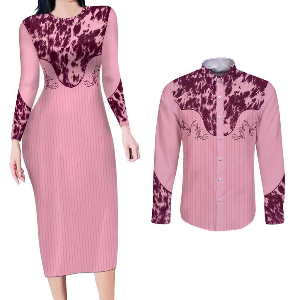 Cowboys Wild West Couples Matching Long Sleeve Bodycon Dress and Long Sleeve Button Shirt Pink Cow Prints - Wonder Print Shop