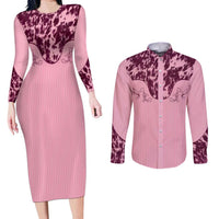 Cowboys Wild West Couples Matching Long Sleeve Bodycon Dress and Long Sleeve Button Shirt Pink Cow Prints - Wonder Print Shop