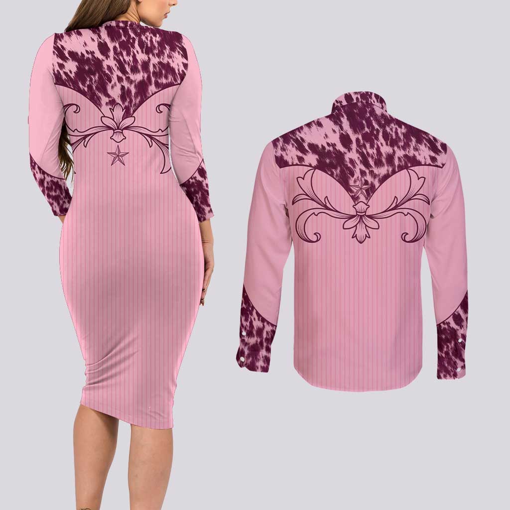 Cowboys Wild West Couples Matching Long Sleeve Bodycon Dress and Long Sleeve Button Shirt Pink Cow Prints - Wonder Print Shop
