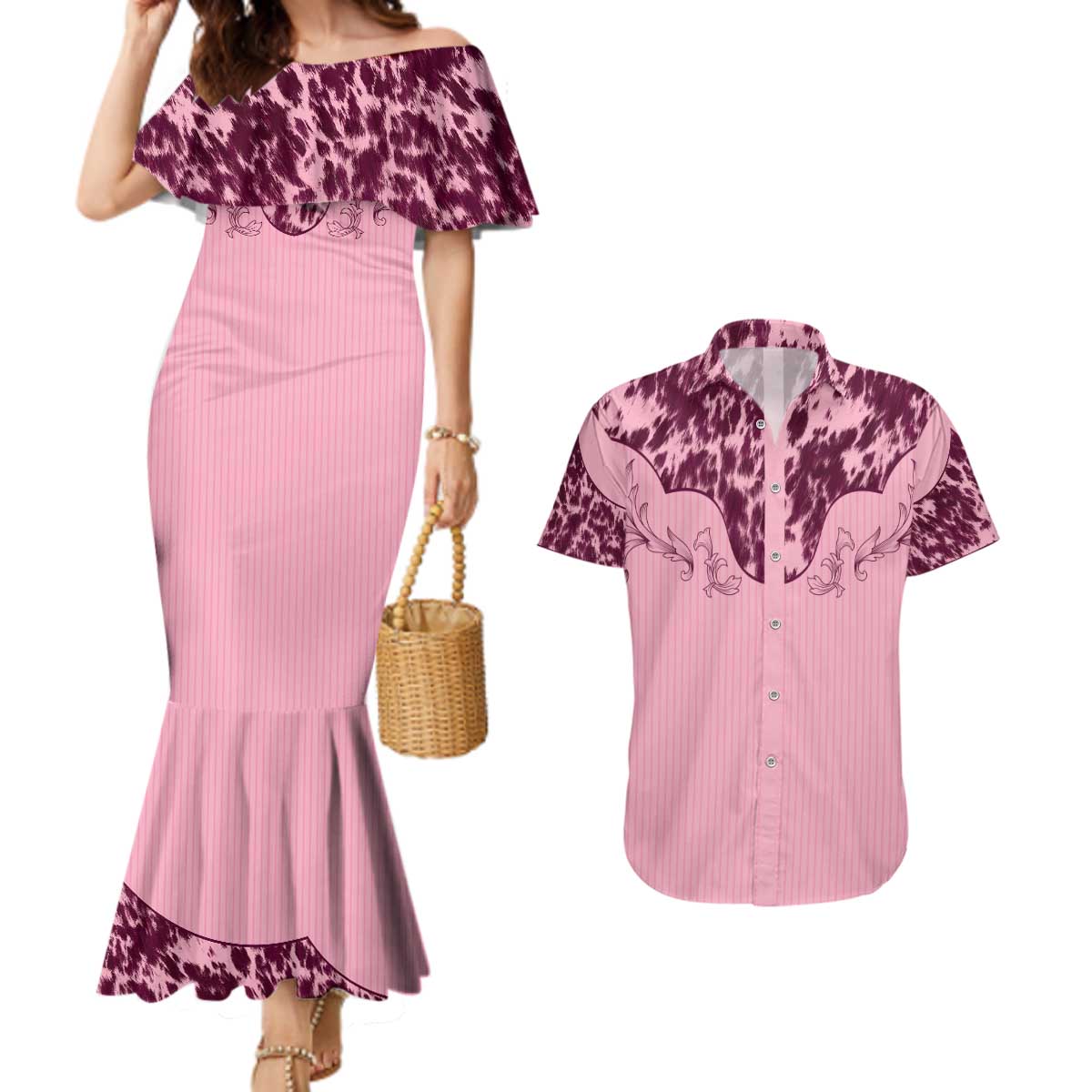 Cowboys Wild West Couples Matching Mermaid Dress and Hawaiian Shirt Pink Cow Prints - Wonder Print Shop