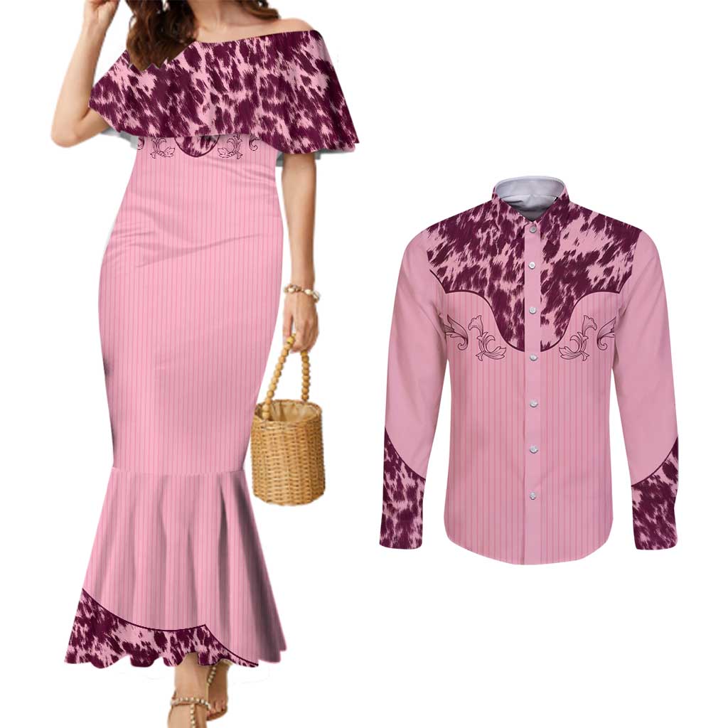 Cowboys Wild West Couples Matching Mermaid Dress and Long Sleeve Button Shirt Pink Cow Prints - Wonder Print Shop