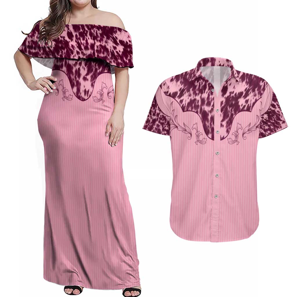 Cowboys Wild West Couples Matching Off Shoulder Maxi Dress and Hawaiian Shirt Pink Cow Prints - Wonder Print Shop