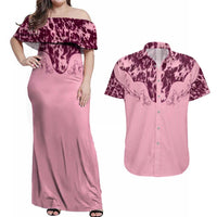 Cowboys Wild West Couples Matching Off Shoulder Maxi Dress and Hawaiian Shirt Pink Cow Prints - Wonder Print Shop