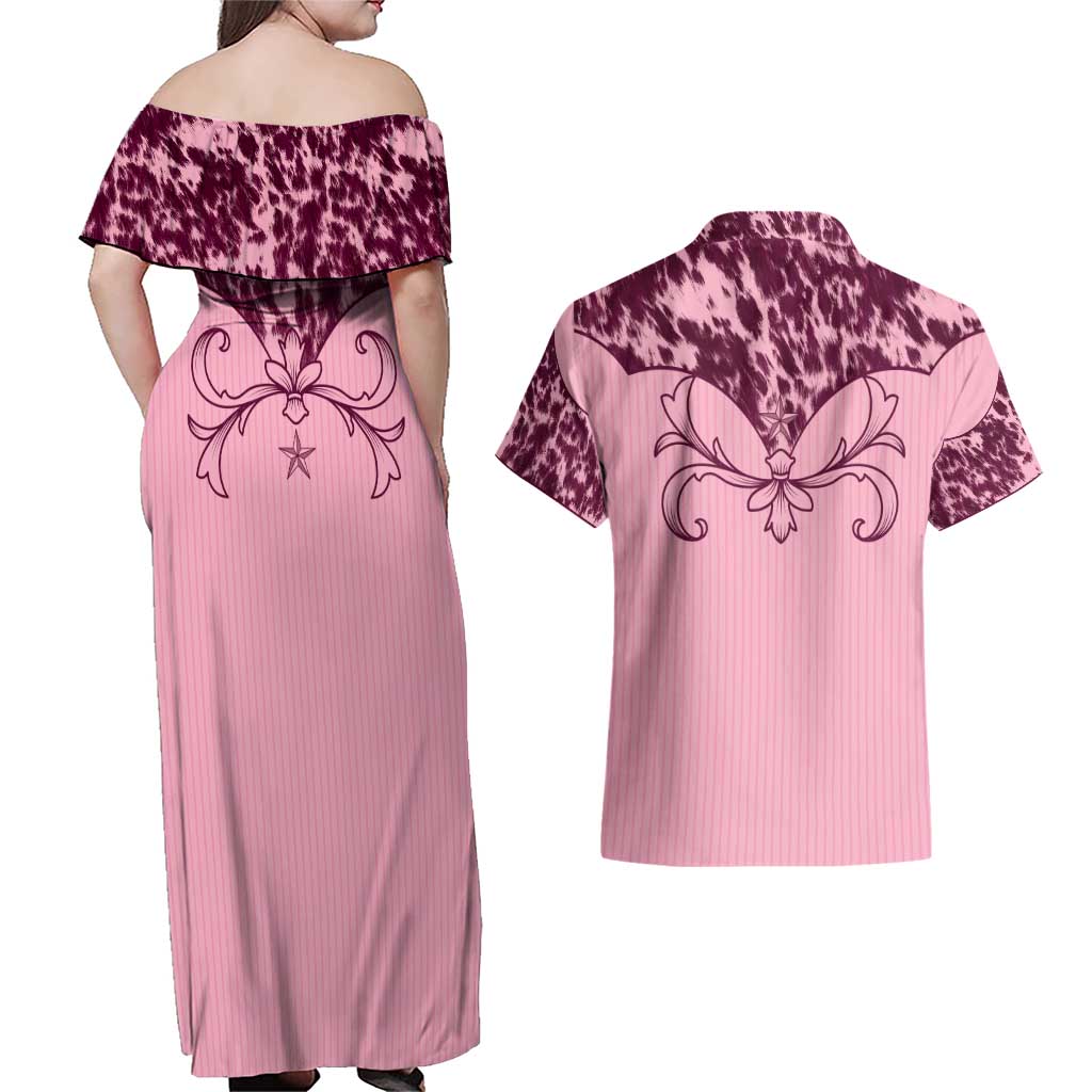 Cowboys Wild West Couples Matching Off Shoulder Maxi Dress and Hawaiian Shirt Pink Cow Prints - Wonder Print Shop
