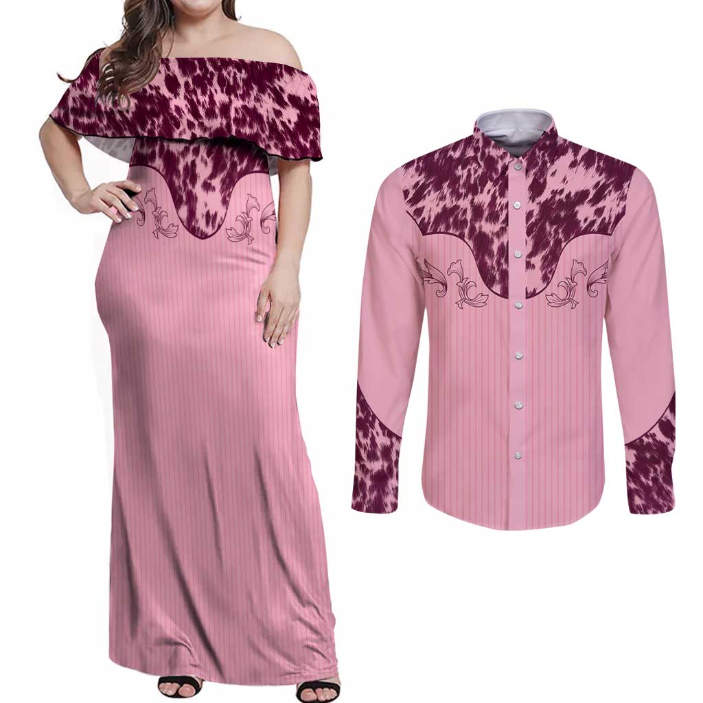 Cowboys Wild West Couples Matching Off Shoulder Maxi Dress and Long Sleeve Button Shirt Pink Cow Prints - Wonder Print Shop