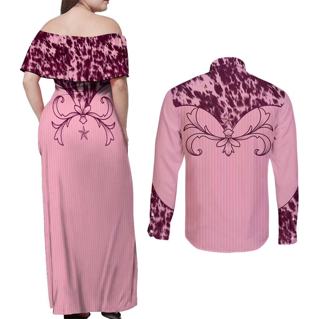 Cowboys Wild West Couples Matching Off Shoulder Maxi Dress and Long Sleeve Button Shirt Pink Cow Prints - Wonder Print Shop