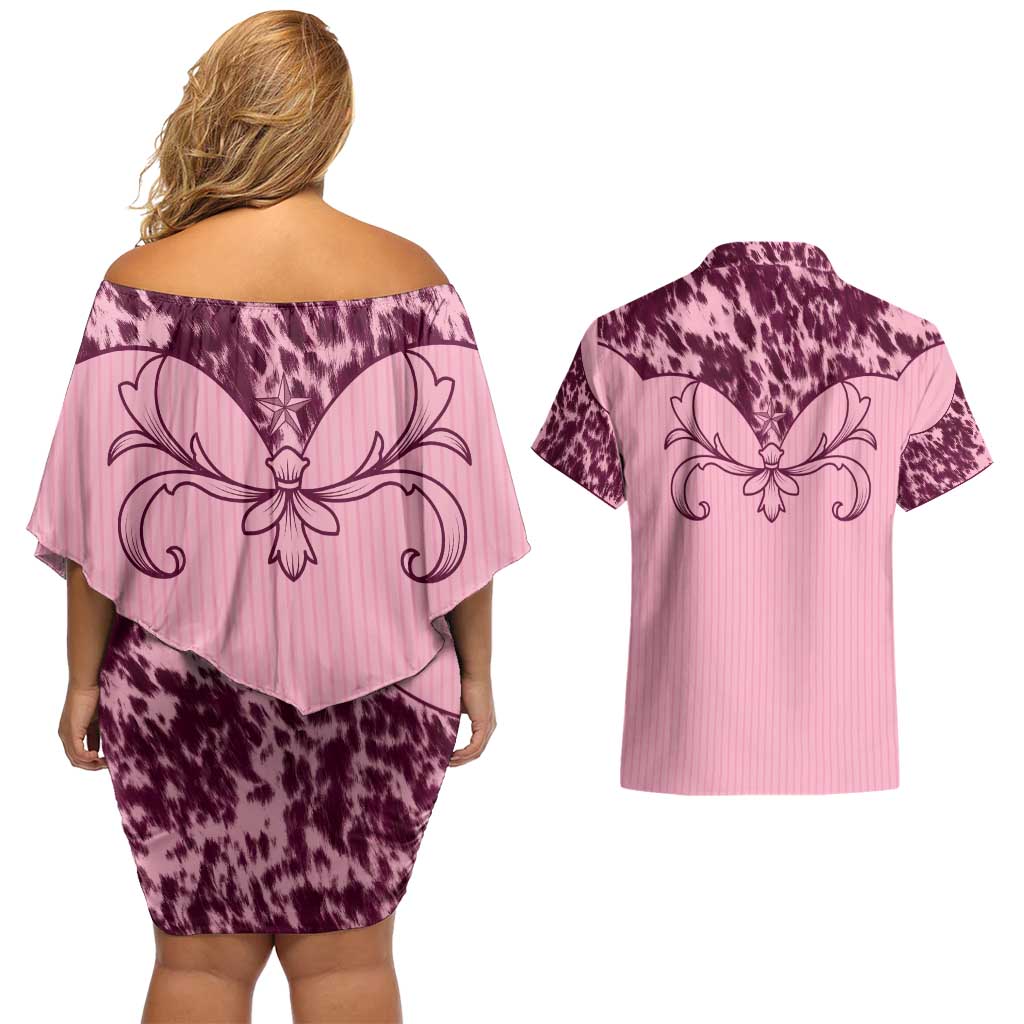Cowboys Wild West Couples Matching Off Shoulder Short Dress and Hawaiian Shirt Pink Cow Prints - Wonder Print Shop