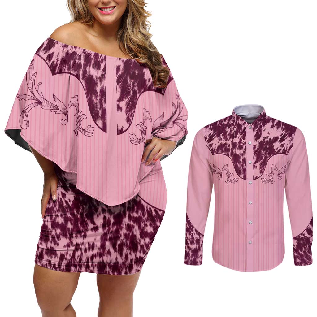Cowboys Wild West Couples Matching Off Shoulder Short Dress and Long Sleeve Button Shirt Pink Cow Prints - Wonder Print Shop