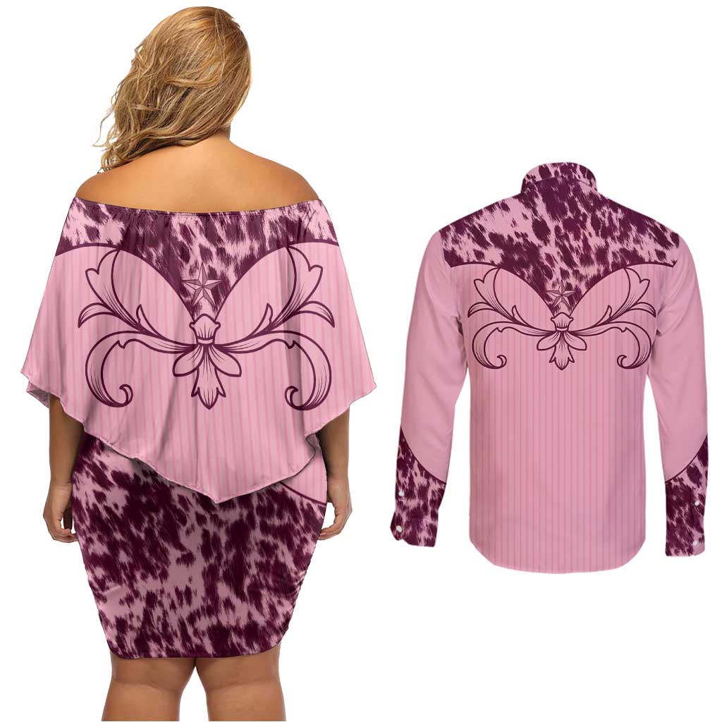 Cowboys Wild West Couples Matching Off Shoulder Short Dress and Long Sleeve Button Shirt Pink Cow Prints - Wonder Print Shop