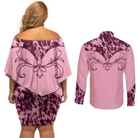 Cowboys Wild West Couples Matching Off Shoulder Short Dress and Long Sleeve Button Shirt Pink Cow Prints - Wonder Print Shop