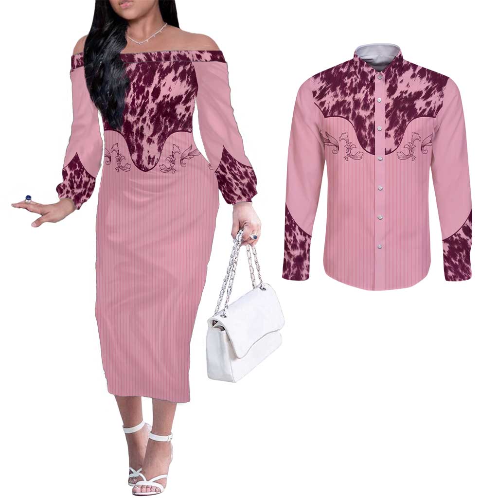 Cowboys Wild West Couples Matching Off The Shoulder Long Sleeve Dress and Long Sleeve Button Shirt Pink Cow Prints - Wonder Print Shop