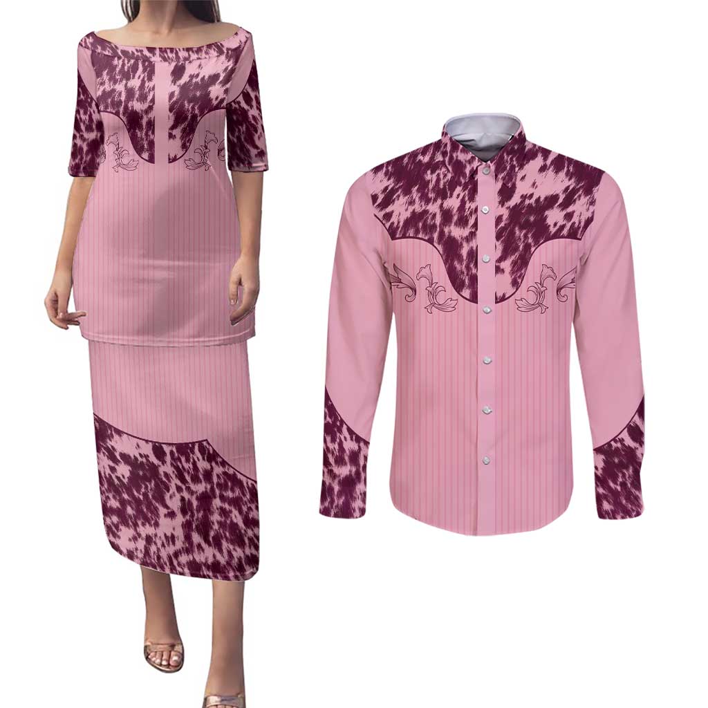 Cowboys Wild West Couples Matching Puletasi and Long Sleeve Button Shirt Pink Cow Prints - Wonder Print Shop