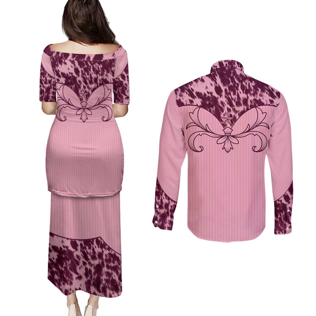 Cowboys Wild West Couples Matching Puletasi and Long Sleeve Button Shirt Pink Cow Prints - Wonder Print Shop