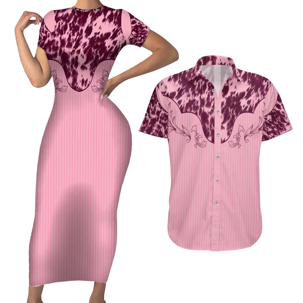 Cowboys Wild West Couples Matching Short Sleeve Bodycon Dress and Hawaiian Shirt Pink Cow Prints - Wonder Print Shop