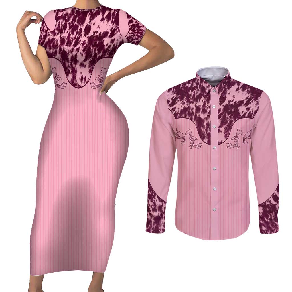 Cowboys Wild West Couples Matching Short Sleeve Bodycon Dress and Long Sleeve Button Shirt Pink Cow Prints - Wonder Print Shop
