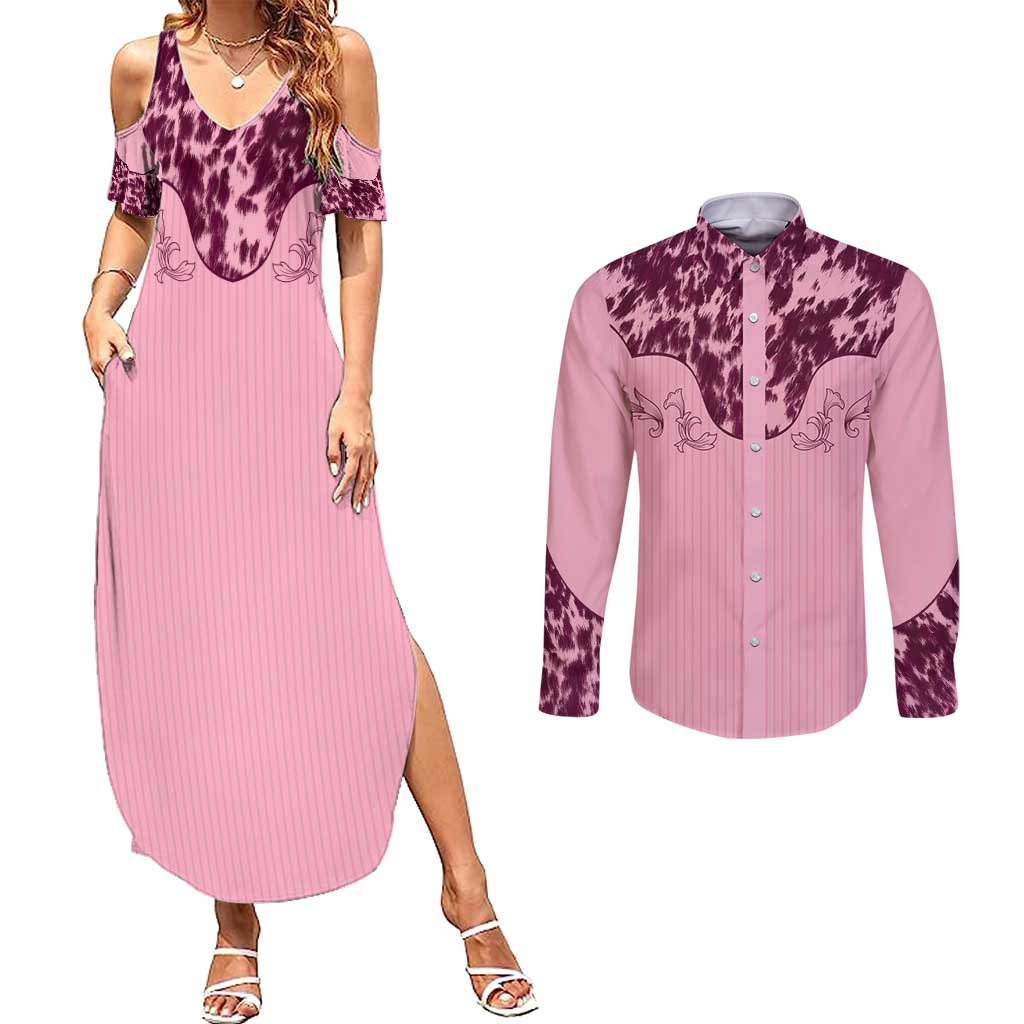 Cowboys Wild West Couples Matching Summer Maxi Dress and Long Sleeve Button Shirt Pink Cow Prints - Wonder Print Shop