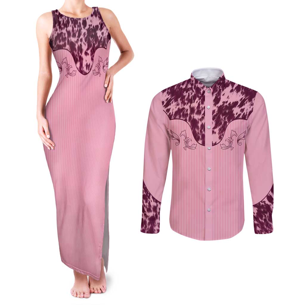 Cowboys Wild West Couples Matching Tank Maxi Dress and Long Sleeve Button Shirt Pink Cow Prints - Wonder Print Shop